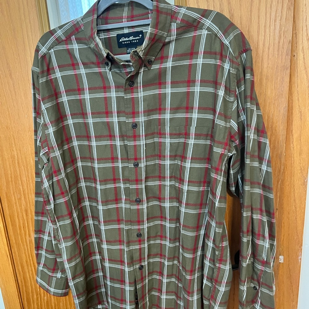 Eddie Bauer Olive Plaid Button-Down Shirt with Red and White Stripes